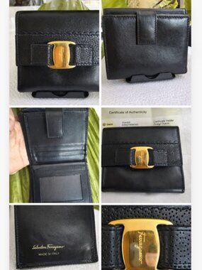 Salvatore Ferragamo Gancini Black Leather Wallet Gold Hardware Authentic